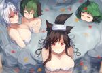  4girls animal_ears autumn_leaves bangs bathing blush breast_envy breast_rest breasts brown_hair closed_eyes collarbone curly_hair eyebrows_visible_through_hair flat_chest from_above green_eyes green_hair hair_between_eyes hands_on_own_chest horn huge_breasts imaizumi_kagerou inubashiri_momiji kasodani_kyouko kasuka_(kusuki) komano_aun large_breasts long_hair looking multiple_girls nose_blush nude onsen red_eyes rock smile swept_bangs tail thick_eyebrows touhou towel towel_on_head water white_hair white_towel wolf_ears wolf_tail 