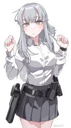  1girl artist_name belt brown_eyes closed_mouth collared_shirt commentary_request cowboy_shot desert_(desel_1) desert_eagle dress_shirt grey_hair grey_skirt gun handgun hands_up highres holster holstered long_hair looking_at_viewer magazine_(weapon) original pleated_skirt shirt simple_background skirt solo twitter_username weapon white_shirt 