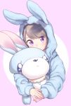  1girl absurdres animal_ears animal_hood bangs blush brown_hair bunny_hood bunny_pajamas covered_mouth eyebrows_visible_through_hair heart heart_in_eye highres hood hood_up looking_at_viewer object_hug original purple_background rabbit_ears solo stuffed_animal stuffed_bunny stuffed_toy symbol_in_eye umeno violet_eyes white_background 