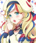  anchor_hair_ornament bangs beret blonde_hair blue_eyes blue_hair blue_shirt blush chou2 commandant_teste_(kantai_collection) commentary_request hair_ornament hands_together hat heart highres jacket kantai_collection long_hair looking_at_viewer multicolored multicolored_clothes multicolored_hair multicolored_scarf open_mouth plaid plaid_scarf pom_pom_(clothes) redhead scarf shirt signature simple_background sparkle sparkle_background streaked_hair swept_bangs twitter_username wavy_hair white_hair yellow_jacket 