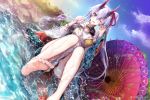  1girl ;d bangs bare_legs barefoot blue_sky blush breasts china_dress chinese_clothes clouds commentary_request day detached_sleeves dress eyebrows_visible_through_hair fate/grand_order fate_(series) frilled_sleeves frills grey_hair hair_between_eyes hair_ribbon hand_up heroic_spirit_traveling_outfit highres knees_up large_breasts long_hair long_sleeves mintes one_eye_closed oni_horns open_mouth oriental_umbrella outdoors pink_ribbon red_eyes ribbon river shiny shiny_hair side_ponytail sitting sky smile soles solo splashing sunlight toenails toes tomoe_gozen_(fate/grand_order) umbrella very_long_hair water wet white_dress wide_sleeves 