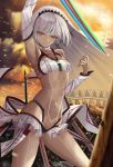  1girl absurdres altera_(fate) armpits bangs bare_shoulders battlefield black_nails blunt_bangs breasts choker closed_mouth clouds collarbone dark_skin day detached_sleeves earmuffs eyebrows_visible_through_hair fate/extella fate/extra fate_(series) fighting_stance full_body_tattoo headdress highres holding holding_sword holding_weapon jewelry legs light_rays midriff multicolored multicolored_sky nail_polish navel nekobell photon_ray polearm red_eyes revealing_clothes short_hair showgirl_skirt skirt sky small_breasts solo stomach sword tan tattoo thighs veil weapon white_hair white_skirt 