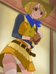  1girl belt blonde_hair blue_neckwear brown_eyes brown_gloves brown_skirt ceiling closed_mouth cowboy_hat empty_eyes fingerless_gloves from_below gloves hands_together haruyama_kazunori hat hugtto!_precure kagayaki_homare looking_down midriff midriff_peek miniskirt navel neckerchief panties pantyshot precure shirt short_hair skirt smile solo underwear vest yellow_skirt 