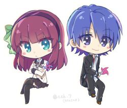  >:( 1boy 1girl angel_beats! aqua_eyes black_jacket black_pants black_skirt black_thighhighs blue_hair blunt_bangs blush bow chibi chibi_only closed_mouth collared_shirt commentary_request crossed_arms crossed_legs eyes_visible_through_hair frown full_body green_bow hair_between_eyes hair_bow hairband hinata_hideki invisible_chair jacket knee_up medium_hair miniskirt nakamura_yuri open_clothes open_jacket pants pleated_skirt purple_hair purple_hairband school_uniform shirt short_hair simple_background sitting skirt smile thigh-highs twitter_username v-shaped_eyebrows violet_eyes white_background white_shirt yellow_jacket zettai_ryouiki zuzuhashi 