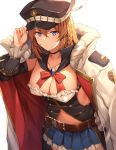  1girl bangs belt blue_eyes blush braid breasts brown_hair cleavage closed_mouth commentary_request cowboy_shot detached_collar detached_sleeves frills gold_trim granblue_fantasy hat hat_feather highres jewelry kaerunoko lecia_(granblue_fantasy) long_hair looking_at_viewer medium_breasts miniskirt navel navel_cutout peaked_cap skirt solo standing 