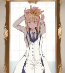  1girl ahoge artoria_pendragon_(all) blonde_hair blue_neckwear cowboy_shot crown fate/grand_order fate_(series) formal green_eyes long_sleeves looking_at_mirror looking_at_viewer super_mario_bros. mirror necktie new_super_mario_bros._u_deluxe nintendo open_mouth pants reflection ryu_jiao saber solo suit super_crown white_coat white_pants 