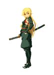  1girl blonde_hair dh_ead eyebrows_visible_through_hair holding holding_weapon katana long_hair lowres original pixel_art red_eyes scabbard sheath simple_background sword transparent_background weapon 