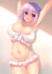  1girl armpits arms_up bikini breasts commentary_request eyebrows_visible_through_hair frilled_bikini frills large_breasts lavender_hair looking_at_viewer navel red_eyes shinjou_akane short_hair smile solo ssss.gridman standing sweat swimsuit white_bikini yunagi_amane 