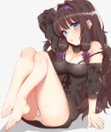  1girl arm_up ass barefoot blue_eyes blush breasts cleavage hair_intakes hairband highres knees_up large_breasts long_hair looking_at_viewer panties purple_hairband ribbed_sweater sidelocks sitting solo sweater toes underwear very_long_hair white_panties zhaofeng_yinyue 