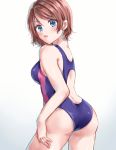  1girl ass back back_cutout blue_eyes breasts brown_hair commentary_request from_behind hand_on_own_thigh highres looking_at_viewer looking_back love_live! love_live!_sunshine!! medium_breasts minori_748 one-piece_swimsuit open_mouth short_hair solo swimsuit v-shaped_eyebrows watanabe_you 