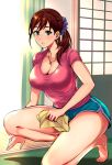  1girl barefoot blush breasts brown_hair cleaning cleavage cloth green_eyes highres indoors jewelry large_breasts long_hair looking_at_viewer mature necklace one_knee original parted_lips pink_shirt ponytail puca-rasu purple_scrunchie scrunchie shirt short_shorts shorts sliding_doors solo sweat t-shirt thighs 