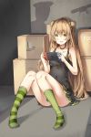  1girl :d absurdres bangs bare_arms bare_shoulders black_choker black_dress blush bow box breasts cardboard_box choker collarbone commentary convenient_leg double_bun dress eyebrows_visible_through_hair full_body girls_frontline green_bow green_eyes green_legwear hair_between_eyes hair_bow handheld_game_console highres holding holding_handheld_game_console kneehighs light_brown_hair long_hair looking_at_viewer mismatched_legwear nintendo_switch no_shoes on_floor open_mouth rfb_(girls_frontline) shadow side_bun sitting sleeveless sleeveless_dress small_breasts smile sobmarine solo striped striped_legwear vertical-striped_legwear vertical_stripes very_long_hair 