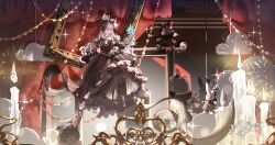  1girl absurdres argyle_bow argyle_clothes argyle_dress argyle_pantyhose bare_shoulders bead_bracelet beads black_bow black_dress black_gloves blue_eyes bow bowtie bracelet brooch candle character_doll chinese_commentary closed_mouth commentary_request crimson_rhapsody_(infinity_nikki) curtains doll dress esseling_(infinity_nikki) eyelashes felispirit_sack_(infinity_nikki) frilled_dress frilled_gloves frilled_sleeves frills full_body gloves gown hair_bow hand_on_lap heart heart_brooch high_heels highres hime_lolita indoors infinity_nikki jewelry large_bow light_particles lolita_fashion long_dress long_hair making-of_available miyouer multiple_hair_bows nikki_(series) off-shoulder_dress off_shoulder official_alternate_color outstretched_hand pantyhose puffy_short_sleeves puffy_sleeves red_brooch shoes short_sleeves signature sitting smile solo striped_clothes striped_dress stuffed_animal stuffed_rabbit stuffed_toy teddy_bear two-tone_bow vertical-striped_clothes vertical-striped_dress very_long_hair wavy_hair white_bow white_bowtie white_hair white_pantyhose white_shoes 