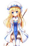  1girl arms_behind_back bangs blonde_hair blue_eyes blush breasts closed_mouth commentary_request dress eyebrows_visible_through_hair frilled_sleeves frills goblin_slayer! hair_between_eyes hat head_tilt kedama_(kedama_akaza) long_hair medium_breasts priestess_(goblin_slayer!) simple_background smile solo staff standing thigh-highs very_long_hair white_background white_dress white_hat white_legwear 