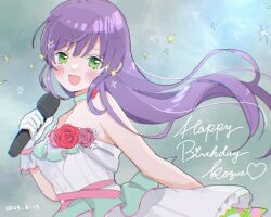  1girl :d character_name chromatic_aberration commentary_request cursive dated dress floating_hair flower-trimmed_dress frilled_dress frilled_gloves frills gloves green_background green_eyes happy_birthday heart highres holding holding_microphone link!_like!_love_live! long_hair love_live! microphone momoi_shigeki official_alternate_costume open_mouth otomune_kozue purple_hair raised_inner_eyebrows single-shoulder_dress single_bare_shoulder smile solo sparkle tearing_up upper_body very_long_hair virtual_youtuber white_dress white_gloves yume_wazurai 