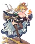  1girl :d armlet bare_shoulders black_dress blonde_hair blue_earrings blue_eyes bowsette bracelet breasts breathing_fire brown_legwear cleavage collar collarbone commentary_request crown dress dress_lift earrings fire garter_straps hhama highres horns jewelry large_breasts lifted_by_self lizard_tail looking_at_viewer super_mario_bros. new_super_mario_bros._u_deluxe nintendo open_mouth pointy_ears ponytail sharp_teeth short_hair simple_background smile solo spiked_armlet spiked_bracelet spiked_collar spiked_shoes spikes super_crown tail teeth thigh-highs white_background 
