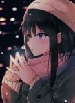  1girl :o bangs black_hair blue_eyes blush commentary_request eyebrows_visible_through_hair fingernails grey_coat hair_between_eyes hands_up hat long_hair long_sleeves looking_away original parted_lips pink_scarf scarf solo steepled_fingers upper_body white_hat yuzuzukushi 