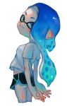  1girl act_(a_moso) arms_behind_back black_shorts blue_eyes blue_hair closed_mouth domino_mask inkling long_hair looking_at_viewer lowres mask nintendo pointy_ears shirt short_sleeves shorts simple_background smile solo splatoon splatoon_2 t-shirt tentacle_hair white_background white_shirt 