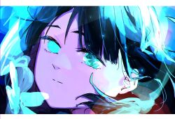  1girl black_hair blue_eyes bug butterfly closed_mouth commentary_request dms highres letterboxed light_particles link!_like!_love_live! looking_at_viewer love_live! momose_ginko portrait short_hair solo split_mouth virtual_youtuber 