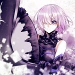  1girl black_gloves elbow_gloves eyebrows_visible_through_hair fate/grand_order fate_(series) floating_hair gloves looking_at_viewer mash_kyrielight shield shiny shiny_hair short_hair silver_hair smile solo upper_body violet_eyes yaoshi_jun 