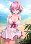  1girl absurdres arm_behind_back bare_arms beach blush breasts bush cleavage clouds cloudy_sky collarbone cowboy_shot day dress eyebrows_visible_through_hair eyes_visible_through_hair fate/grand_order fate_(series) fingernails flower glasses hair_between_eyes hair_flower hair_ornament hair_over_one_eye hand_on_own_arm highres holding holding_arm holding_innertube innertube kotatsu_(kotatsu358) leaf looking_at_viewer mash_kyrielight medium_breasts ocean open_mouth outdoors pink_hair purple-framed_eyewear round_teeth scan shiny shiny_hair short_hair sky sleeveless sleeveless_dress smile solo sparkle swimsuit_of_perpetual_summer teeth violet_eyes white_dress 