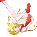  1girl :p blonde_hair cato_(monocatienus) commentary_request crystal dress flandre_scarlet frilled_dress frills hand_on_ass kneehighs leg_up looking_at_viewer puffy_short_sleeves puffy_sleeves red_dress red_eyes red_footwear shoes short_hair short_sleeves side_ponytail simple_background solo tongue tongue_out touhou upside-down white_background white_legwear wings yellow_neckwear 