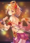  1girl ahoge blonde_hair butt_crack dancer earrings fantasy feathers gem gold jewelry looking_at_viewer looking_back natsutomoki orange_eyes original parted_lips revealing_clothes see-through short_hair smile 