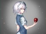  1girl apple blouse blue_vest bow braid closed_mouth commentary food fruit green_bow grey_background grey_eyes hair_bow highres holding holding_fruit izayoi_sakuya light_particles maid_headdress silver_hair solo teraguchi touhou twin_braids upper_body vest white_blouse 