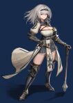  1girl armor armored_boots armored_dress belt black_legwear blue_background boots braid breasts cloak grey_hair hairband highres holding holding_weapon hololive ioriwu8 large_breasts looking_at_viewer shirogane_noel short_hair silver_hair simple_background smile solo standing thigh-highs virtual_youtuber weapon 