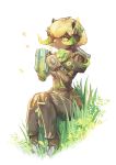  1girl absurdres blonde_hair dark_skin forest_spirit_orisa grass green_eyes highres horns leaf orisa_(overwatch) overwatch personification short_hair sitting solo white_background 