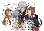 1boy 2girls arm_up bending_forward blue_eyes blush brown_legwear bug fan_la_norne hand_in_another&#039;s_hair headgear heart insect japanese_clothes jealous long_hair lora_(xenoblade_2) miko multiple_girls nintendo open_mouth pauldrons ponytail ribbon rope shimo_(s_kaminaka) shin_(xenoblade) shoulder_armor simple_background skirt smile tassel upper_teeth very_long_hair white_background white_hair xenoblade_(series) xenoblade_2 xenoblade_2:_ogon_no_kuri_ira yellow_eyes 