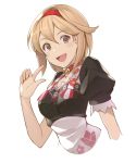  1girl :d bangs blonde_hair breasts brown_eyes choker commentary_request cropped_torso djeeta_(granblue_fantasy) eyebrows_visible_through_hair granblue_fantasy hairband hand_up hinami_(hinatamizu) index_finger_raised looking_at_viewer medium_breasts open_mouth puffy_short_sleeves puffy_sleeves red_choker red_hairband short_hair short_sleeves simple_background smile solo upper_body white_background 