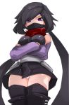  1girl ayame_(gundam_build_divers) black_footwear black_hair black_legwear boots commentary_request crossed_arms elbow_gloves face_mask fingerless_gloves gloves gundam gundam_build_divers hip_armor japanese_clothes karukan_(monjya) kimono knee_boots long_hair looking_at_viewer mask ninja ninja_mask panties red_scarf scarf short_kimono sidelocks sleeveless solo split_ponytail thighhighs_under_boots underwear very_long_hair violet_eyes white_panties 