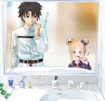  1boy 1girl :t abigail_williams_(fate/grand_order) bangs belt belt_buckle black_belt blonde_hair blue_bow blue_eyes blue_shirt blurry blurry_background blush bow brown_hair brushing_teeth buckle chaldea_uniform closed_mouth collared_shirt commentary_request crossed_bandaids cup depth_of_field double_bun eyebrows_visible_through_hair fate/grand_order fate_(series) faucet fujimaru_ritsuka_(male) hair_between_eyes hair_bow highres holding holding_toothbrush jacket long_hair long_sleeves looking_at_another looking_at_viewer looking_to_the_side mirror mug open_mouth orange_bow parted_bangs reflection sakazakinchan shirt side_bun sidelocks sink soap_bottle toothbrush translated tube uniform white_jacket 