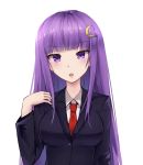  1girl alternate_costume blush breasts collar commentary cosplay danraz0r english_commentary eyebrows_visible_through_hair long_hair looking_at_viewer medium_breasts necktie open_mouth patchouli_knowledge purple_hair red_neckwear reisen_udongein_inaba reisen_udongein_inaba_(cosplay) school_uniform simple_background solo touhou upper_body very_long_hair violet_eyes white_background 