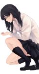  1girl akito_(d30n26) black_eyes black_hair bra bra_peek button_gap commentary_request dress_shirt highres kneeling loafers long_hair looking_at_hand original pleated_skirt shirt shoes simple_background skirt socks solo underwear white_background white_shirt 