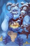  1boy alternate_costume artist_name banana_peel barefoot blush closed_eyes dreamer_whit eating fangs food furry glasses gorilla ice_cream overwatch peanut_butter sitting snow solo winston_(overwatch) yeti_winston 