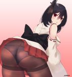  1girl ass black_hair blush braid breasts detached_sleeves gradient gradient_background hair_between_eyes hair_ornament headgear highres japanese_clothes kantai_collection large_breasts miniskirt momiji_(103) open_mouth panties panties_under_pantyhose pantyhose red_eyes red_skirt short_hair single_braid skirt solo underwear wide_sleeves yamashiro_(kantai_collection) 