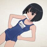  1girl akagi_(fmttps) artist_name bangs black_eyes black_hair blue_swimsuit blunt_bangs bob_cut character_name clenched_hands closed_mouth commentary cowboy_shot dutch_angle girls_und_panzer hands_on_hips light_frown lips looking_down looking_to_the_side name_tag old_school_swimsuit one-piece_swimsuit school_swimsuit short_hair sono_midoriko standing swimsuit twitter_username 