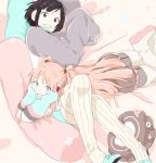  2girls aqua_footwear black_hair blue_eyes bob_cut boots brown_eyes highres hood hoodie looking_at_viewer multiple_girls on_bed oversized_clothes parted_lips pillow pink_eyes ribbed_legwear shoes smile tod-mugi tone_rion tone_rion_(vocaloid4) vocaloid yumemi_nemu_(vocaloid) 
