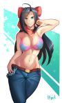  1girl ahoge armpits bangs belt bikini_top black_hair bow breasts chains cleavage commentary commission contrapposto cowboy_shot denim english_commentary eyebrows_visible_through_hair green_eyes grin groin hair_bow hand_in_hair highres jeans knocks_(thinkingsandwich) large_breasts lips long_hair looking_at_viewer lowleg lowleg_pants midriff navel original pants red_bow red_scarf ryuji_(red-truth) scarf smile solo standing star star_print swept_bangs thumb_in_pocket toned 