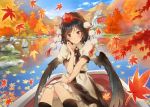  1girl architecture autumn autumn_leaves black_hair black_legwear black_neckwear black_skirt black_wings blue_sky boat bow bowtie buttons collared_shirt day east_asian_architecture feathered_wings hand_up hat head_tilt knees_together_feet_apart lake leaf looking_at_viewer maple_leaf matsuda_(matsukichi) miniskirt moss mountain outdoors pom_pom_(clothes) puffy_short_sleeves puffy_sleeves red_eyes red_hat reflection shameimaru_aya shirt short_sleeves simple_background skirt sky smile socks tokin_hat touhou tree water watercraft waterfall white_shirt wind wing_collar wings 