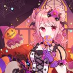  1girl :q alternate_hairstyle bang_dream! bangs bow candy candy_earrings candy_hair_ornament couch cross-laced_clothes curtains double_bun dress earrings food food_themed_hair_ornament frilled_sleeves frills gloves hair_ornament hair_ribbon halloween halloween_costume hat head_wings holding_lollipop jack-o&#039;-lantern jack-o&#039;-lantern_hair_ornament jewelry lollipop looking_at_viewer maruyama_aya medium_hair mismatched_legwear multicolored multicolored_clothes patzzi pink_eyes pink_hair pink_ribbon purple_bow purple_gloves red_ribbon ribbon short_sleeves sidelocks silk sitting solo spider_web star striped striped_legwear tongue tongue_out witch_hat 