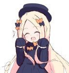  1girl :d ^_^ abigail_williams_(fate/grand_order) bangs black_bow black_dress black_hat blonde_hair blush bow closed_eyes closed_eyes commentary_request dress eighth_note facing_viewer fate/grand_order fate_(series) forehead hair_bow hands_up hat head_tilt kujou_karasuma long_hair long_sleeves musical_note open_mouth orange_bow parted_bangs polka_dot polka_dot_bow signature simple_background sketch sleeves_past_fingers sleeves_past_wrists smile solo upper_body very_long_hair white_background 