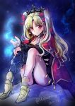  1girl armored_boots asymmetrical_legwear black_legwear black_leotard black_sleeves blonde_hair blush boots bow cape choker collarbone diadem earrings ereshkigal_(fate/grand_order) eyebrows_visible_through_hair fate/grand_order fate_(series) full_body hair_bow high_heel_boots high_heels highres jewelry leotard long_hair long_sleeves looking_at_viewer mintes red_bow red_cape red_eyes single_thighhigh sitting smile solo thigh-highs twintails very_long_hair 