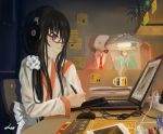  1girl beats_by_dr._dre black_hair blue_eyes book cable cellphone chair charger computer desk drawing drawing_tablet drink electric_plug figure flower_pot fluorescent_lamp glasses hand_on_own_face hatsune_miku lamp laptop long_hair lu&quot; mouse_(computer) on_desk original painttool_sai paper pen phone plant poster red-framed_eyewear robe scrunchie self-portrait signature sitting smartphone smile solo steam sticky_note thinkpad windows_7 
