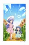  2girls absurdres arm_up armpits blue_hair blush_stickers child closed_eyes clouds commentary_request dress flower full_body furude_rika hand_holding hand_on_headwear hanyuu hat highres higurashi_no_naku_koro_ni kototoki long_hair multiple_girls open_mouth outdoors pink_dress purple_hair sandals sketch sky smile sun_hat sundress sunflower traditional_media violet_eyes walking younger 