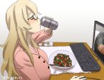  1girl alcohol alternate_costume asahi_breweries beer beer_can bespectacled blonde_hair brand_name_imitation can chopsticks closed_eyes computer contact_lens drinking food glasses holding holding_can iowa_(kantai_collection) kantai_collection keyboard_(computer) long_hair misumi_(niku-kyu) monitor mouse_(computer) solo star star-shaped_pupils symbol-shaped_pupils twitter_username 