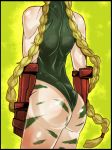  1girl ass black_border blonde_hair bodypaint border braid cammy_white commentary_request fingerless_gloves from_behind gloves green_background green_leotard head_out_of_frame highres leotard long_hair mr.way red_gloves solo street_fighter twin_braids very_long_hair 