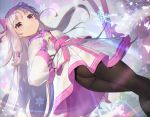  1girl ainu_clothes bangs blush bow eyebrows_visible_through_hair fate/grand_order fate_(series) fingerless_gloves floating_hair from_below gloves hair_between_eyes hair_bow hairband highres illyasviel_von_einzbern lens_flare long_hair long_sleeves nayuta_(una) pantyhose purple_hairband red_eyes ribbon scarf sidelocks sitonai smile snowflakes solo very_long_hair 